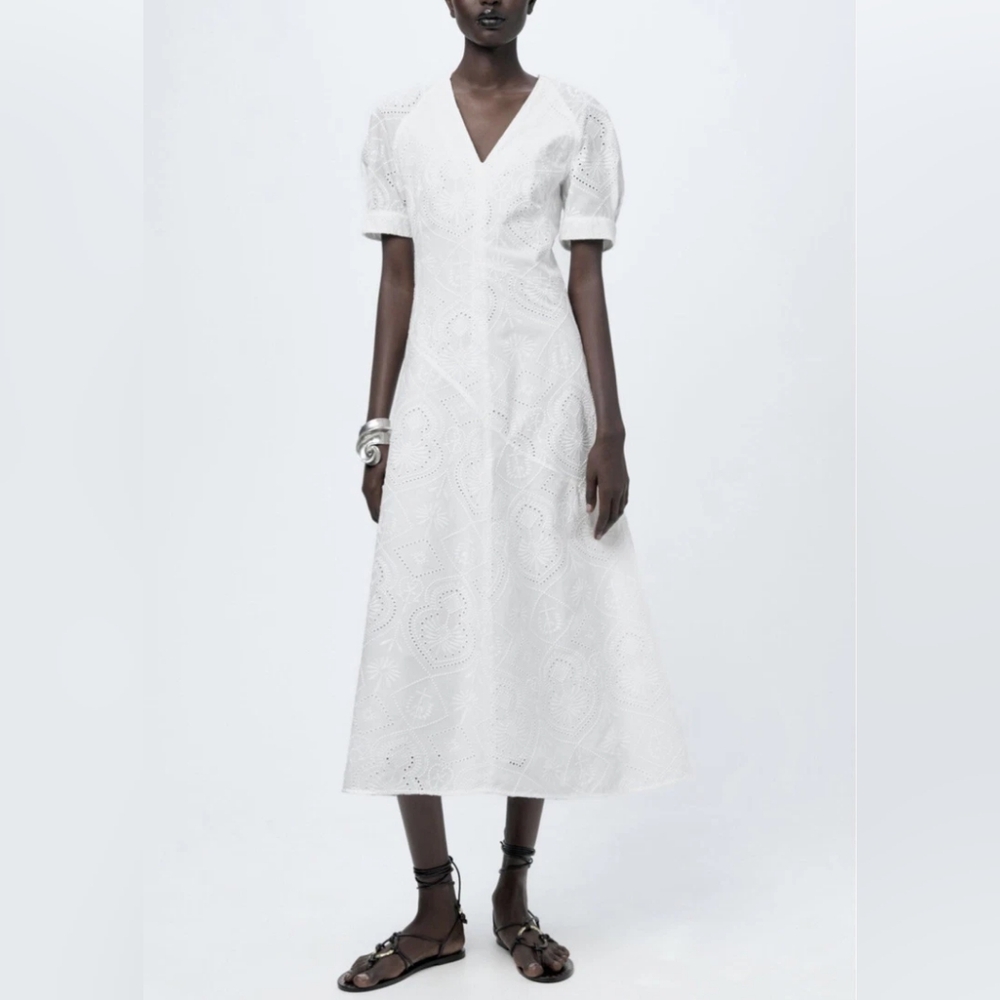 Zara Limited ZW Collection White Short Sleeve Embroidered Midi Dress NWT XS